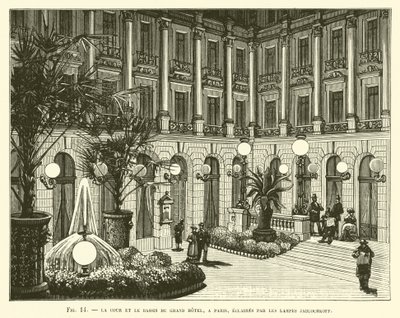 Il cortile e la fontana del Grand Hotel, a Parigi, illuminati dalle lampade Jablochkoff da French School